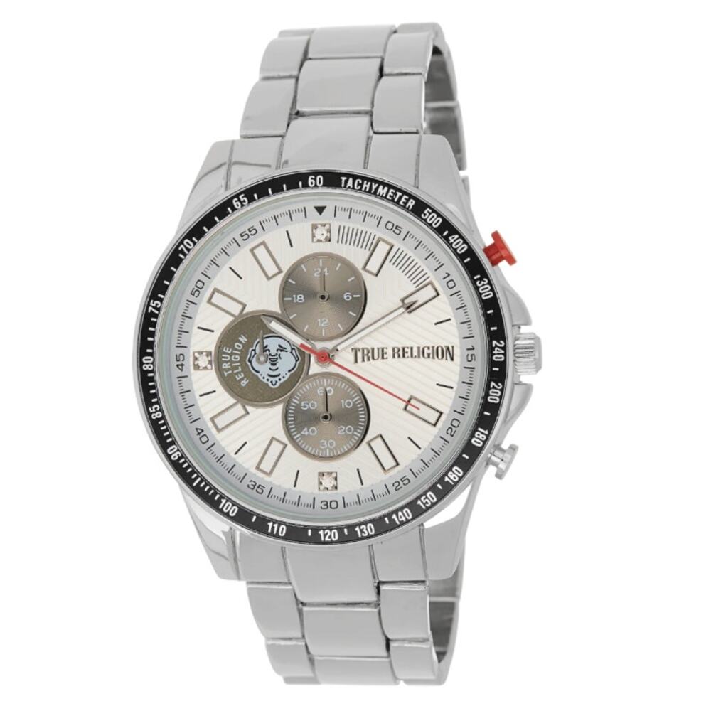 True Religion Mens Buddha Silver Chronograph Bracelet Watch 45mm Quartz Gift Box